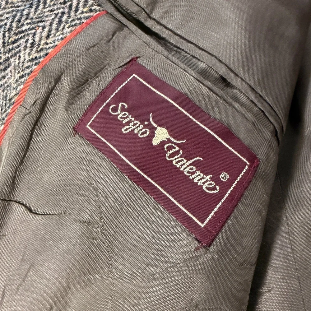 Sergio Valente Harris Tweed Men 44L Wool Herringbone Blazer Sport Coat Brown USA
